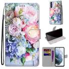 For Samsung Galaxy S21 FE Coloured Drawing Cross Texture Horizontal Flip PU Leather Case with Holder & Card Slots & Wallet & Lanyard(Light Pink Bouquet) - 1