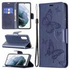 For Samsung Galaxy S21 FE Embossing Two Butterflies Pattern Horizontal Flip PU Leather Case with Holder & Card Slot & Wallet & Lanyard(Dark Blue) - 1