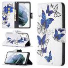 For Samsung Galaxy S21 FE Colored Drawing Pattern Horizontal Flip Leather Case with Holder & Card Slots & Wallet(Blue Butterflies) - 1