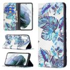 For Samsung Galaxy S21 FE Colored Drawing Pattern Invisible Magnetic Horizontal Flip PU Leather Case with Holder & Card Slots & Wallet(Blue Leaf) - 1
