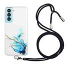 For Samsung Galaxy S21 5G Hollow Marble Pattern TPU Shockproof Protective Case with Neck Strap Rope(Blue) - 1