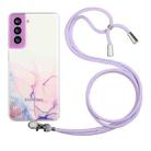 For Samsung Galaxy S21 FE Hollow Marble Pattern TPU Shockproof Protective Case with Neck Strap Rope(Pink) - 1