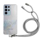 For Samsung Galaxy S21 Ultra 5G Hollow Marble Pattern TPU Shockproof Protective Case with Neck Strap Rope(Grey) - 1