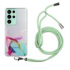 For Samsung Galaxy S21 Ultra 5G Hollow Marble Pattern TPU Shockproof Protective Case with Neck Strap Rope(Green) - 1