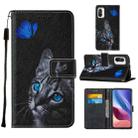 For Xiaomi Mi 11i / Poco F3 / Redmi K40 / Redmi K40 Pro Cross Texture Painting Pattern Horizontal Flip Leather Case with Holder & Card Slots & Wallet & Lanyard(Blue Butterfly Cat Eyes) - 1