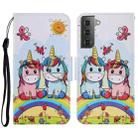For Samsung Galaxy S21 FE Coloured Drawing Pattern Horizontal Flip PU Leather Case with Holder & Card Slots & Wallet & Lanyard(Couple Unicorn) - 1