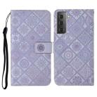 For Samsung Galaxy S21 FE Ethnic Style Embossed Pattern Horizontal Flip Leather Case with Holder & Card Slots & Wallet & Lanyard(Purple) - 1