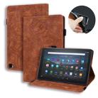 For Amazon Fire HD 10 2023 / 10 Plus (2021) Calf Pattern Double Folding Design Embossed Leather Case with Holder & Card Slots & Pen Slot & Elastic Band(Brown) - 1