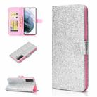 For Samsung Galaxy S21 FE Glitter Powder Horizontal Flip Leather Case with Card Slots & Holder & Photo Frame & Wallet(Silver) - 1