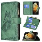 For Samsung Galaxy S21 Ultra 5G Flying Butterfly Embossing Pattern Zipper Horizontal Flip Leather Case with Holder & Card Slots & Wallet(Green) - 1