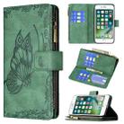 For iPhone 8 / 7 Flying Butterfly Embossing Pattern Zipper Horizontal Flip Leather Case with Holder & Card Slots & Wallet(Green) - 1