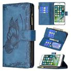 For iPhone 8 Plus / 7 Plus Flying Butterfly Embossing Pattern Zipper Horizontal Flip Leather Case with Holder & Card Slots & Wallet(Blue) - 1