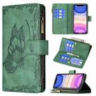 For iPhone 11 Flying Butterfly Embossing Pattern Zipper Horizontal Flip Leather Case with Holder & Card Slots & Wallet(Green) - 1