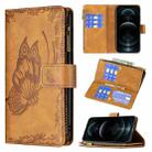 For iPhone 12 Pro Flying Butterfly Embossing Pattern Zipper Horizontal Flip Leather Case with Holder & Card Slots & Wallet(Brown) - 1