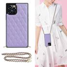 For iPhone 12 / 12 Pro Elegant Rhombic Pattern Microfiber Leather +TPU Shockproof Case with Crossbody Strap Chain(Purple) - 1