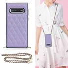 For Samsung Galaxy S10+ Elegant Rhombic Pattern Microfiber Leather +TPU Shockproof Case with Crossbody Strap Chain(Purple) - 1