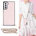 For Samsung Galaxy S21 5G Elegant Rhombic Pattern Microfiber Leather +TPU Shockproof Case with Crossbody Strap Chain(Pink) - 1