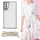 For Samsung Galaxy S21+ 5G Elegant Rhombic Pattern Microfiber Leather +TPU Shockproof Case with Crossbody Strap Chain(White) - 1