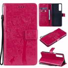 For LG Stylo 7 5G / 4G Tree & Cat Pattern Pressed Printing Horizontal Flip PU Leather Case with Holder & Card Slots & Wallet & Lanyard(Rose Red) - 1