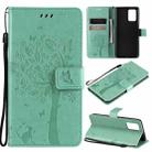 For OPPO F19 / A74 4G Tree & Cat Pattern Pressed Printing Horizontal Flip PU Leather Case with Holder & Card Slots & Wallet & Lanyard(Green) - 1