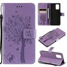 For OPPO F19 / A74 4G Tree & Cat Pattern Pressed Printing Horizontal Flip PU Leather Case with Holder & Card Slots & Wallet & Lanyard(Light Purple) - 1