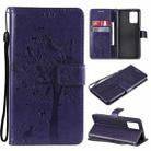 For OPPO F19 / A74 4G Tree & Cat Pattern Pressed Printing Horizontal Flip PU Leather Case with Holder & Card Slots & Wallet & Lanyard(Purple) - 1