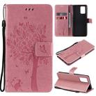 For OPPO F19 / A74 4G Tree & Cat Pattern Pressed Printing Horizontal Flip PU Leather Case with Holder & Card Slots & Wallet & Lanyard(Pink) - 1