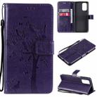 For OPPO A93 5G / A74 5G Tree & Cat Pattern Pressed Printing Horizontal Flip PU Leather Case with Holder & Card Slots & Wallet & Lanyard(Purple) - 1