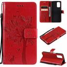 For OPPO A93 5G / A74 5G Tree & Cat Pattern Pressed Printing Horizontal Flip PU Leather Case with Holder & Card Slots & Wallet & Lanyard(Red) - 1