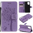 For OPPO A94 4G / F19 Pro / Reno 5F Tree & Cat Pattern Pressed Printing Horizontal Flip PU Leather Case with Holder & Card Slots & Wallet & Lanyard(Light Purple) - 1