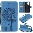 For OPPO A94 4G / F19 Pro / Reno 5F Tree & Cat Pattern Pressed Printing Horizontal Flip PU Leather Case with Holder & Card Slots & Wallet & Lanyard(Blue) - 1