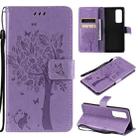 For OPPO Reno5 Pro+ 5G / Find X3 Neo Tree & Cat Pattern Pressed Printing Horizontal Flip PU Leather Case with Holder & Card Slots & Wallet & Lanyard(Light Purple) - 1