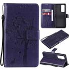For OPPO Reno5 Pro+ 5G / Find X3 Neo Tree & Cat Pattern Pressed Printing Horizontal Flip PU Leather Case with Holder & Card Slots & Wallet & Lanyard(Purple) - 1