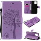 For OPPO Realme 8 4G / Realme 8 Pro 4G Tree & Cat Pattern Pressed Printing Horizontal Flip PU Leather Case with Holder & Card Slots & Wallet & Lanyard(Light Purple) - 1