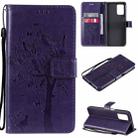 For OPPO Realme V13 5G / Realme 8 5G Tree & Cat Pattern Pressed Printing Horizontal Flip PU Leather Case with Holder & Card Slots & Wallet & Lanyard(Purple) - 1
