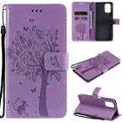 For Xiaomi Redmi Note 10 4G Tree & Cat Pattern Pressed Printing Horizontal Flip PU Leather Case with Holder & Card Slots & Wallet & Lanyard(Light Purple) - 1