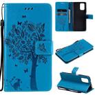 For Xiaomi Redmi Note 10 4G Tree & Cat Pattern Pressed Printing Horizontal Flip PU Leather Case with Holder & Card Slots & Wallet & Lanyard(Blue) - 1