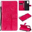 For Xiaomi Redmi Note 10 4G Tree & Cat Pattern Pressed Printing Horizontal Flip PU Leather Case with Holder & Card Slots & Wallet & Lanyard(Rose Red) - 1