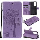 For Xiaomi Redmi Note 10 Pro Tree & Cat Pattern Pressed Printing Horizontal Flip PU Leather Case with Holder & Card Slots & Wallet & Lanyard(Light Purple) - 1