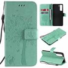 For Samsung Galaxy S21 FE Tree & Cat Pattern Pressed Printing Horizontal Flip PU Leather Case with Holder & Card Slots & Wallet & Lanyard(Green) - 1