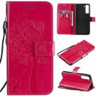 For Samsung Galaxy S21 FE Tree & Cat Pattern Pressed Printing Horizontal Flip PU Leather Case with Holder & Card Slots & Wallet & Lanyard(Rose Red) - 1