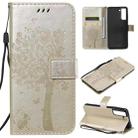 For Samsung Galaxy S21 FE Tree & Cat Pattern Pressed Printing Horizontal Flip PU Leather Case with Holder & Card Slots & Wallet & Lanyard(Gold) - 1