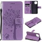 For Xiaomi Mi 11 Lite 5G Tree & Cat Pattern Pressed Printing Horizontal Flip PU Leather Case with Holder & Card Slots & Wallet & Lanyard(Light Purple) - 1