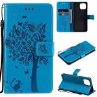 For Xiaomi Mi 11 Lite 5G Tree & Cat Pattern Pressed Printing Horizontal Flip PU Leather Case with Holder & Card Slots & Wallet & Lanyard(Blue) - 1