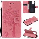 For Xiaomi Mi 11 Lite 5G Tree & Cat Pattern Pressed Printing Horizontal Flip PU Leather Case with Holder & Card Slots & Wallet & Lanyard(Pink) - 1