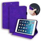 For iPad 10.2 2021 / 2020 / 2019 Calf Pattern Double Folding Design Embossed Leather Case with Holder & Card Slots & Pen Slot & Elastic Band(Purple) - 1