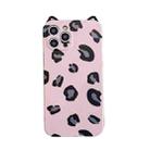 For iPhone 12 Cat Ear Leopard Print TPU Straight Edge Protective Case with Lanyard(Pink) - 1