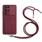 For Samsung Galaxy S21 Ultra 5G Sliding Camera Cover Design TPU Protective Case with Card Slot & Neck Lanyard(Wine Red) - 1