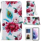 For Samsung Galaxy S21 Ultra 5G Painted Pattern Horizontal Flip Leather Case with Holder & Card Slots & Photo Frame(Peacock Flower) - 1