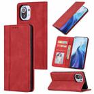 For Xiaomi Mi 11 Skin Feel Pressure Line Magnetic Horizontal Flip Leather Case with Holder & Card Slot & Wallet & Photo Frame(Red) - 1